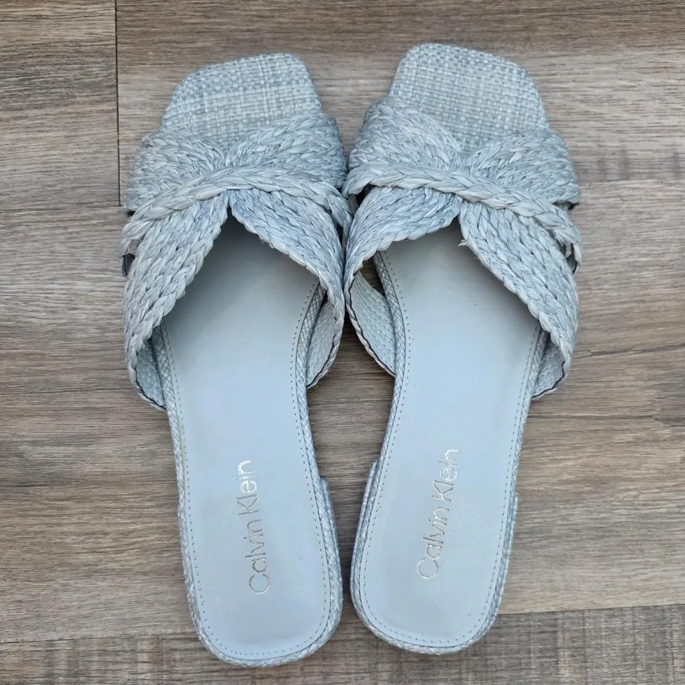 Calvin Klein Toukie Light Blue Woven Flat Slide Sandals Square Toe 8M